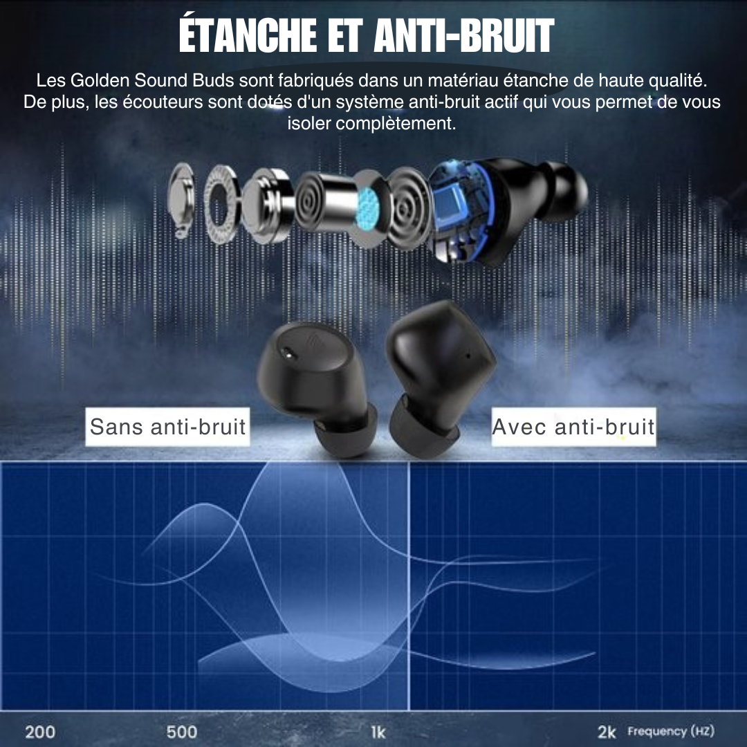 Ecouteurs sans fil - Golden Sound Buds Pro - Ecouteurs Bluetooth - Suppression active du bruit 32dB - Mode ambiant - Autonomie de 40 heures - Convient à tous les smartphones et ordinateurs portables - Noir