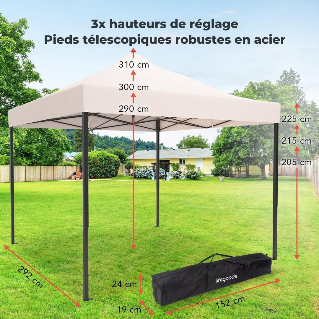 Tente de réception LifeGoods, Pavillon, 3,0 x 4,5 m, facile à monter, pliable, étanche, Sac de transport avec roulettes, Beige