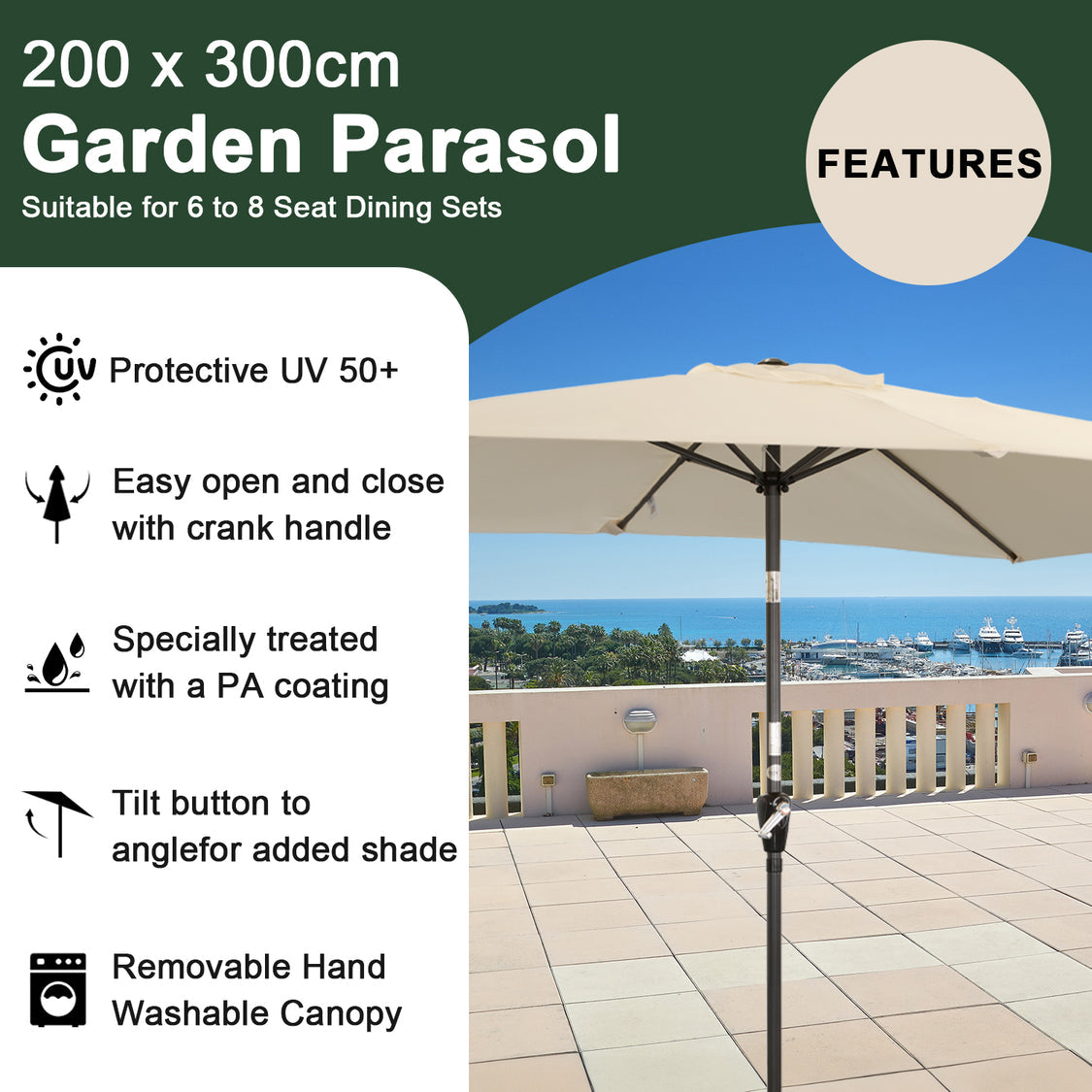 Angel Living Parasol - 200 x 300 cm - Inclinable - Rectangulaire - Beige