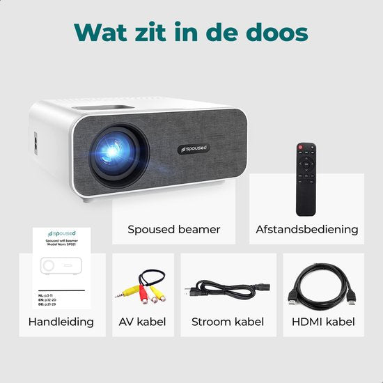 Spoused Beamer - Full-HD - 10 000 Lumens - Streaming depuis votre téléphone avec WiFi - Mini Beamer - Blanc