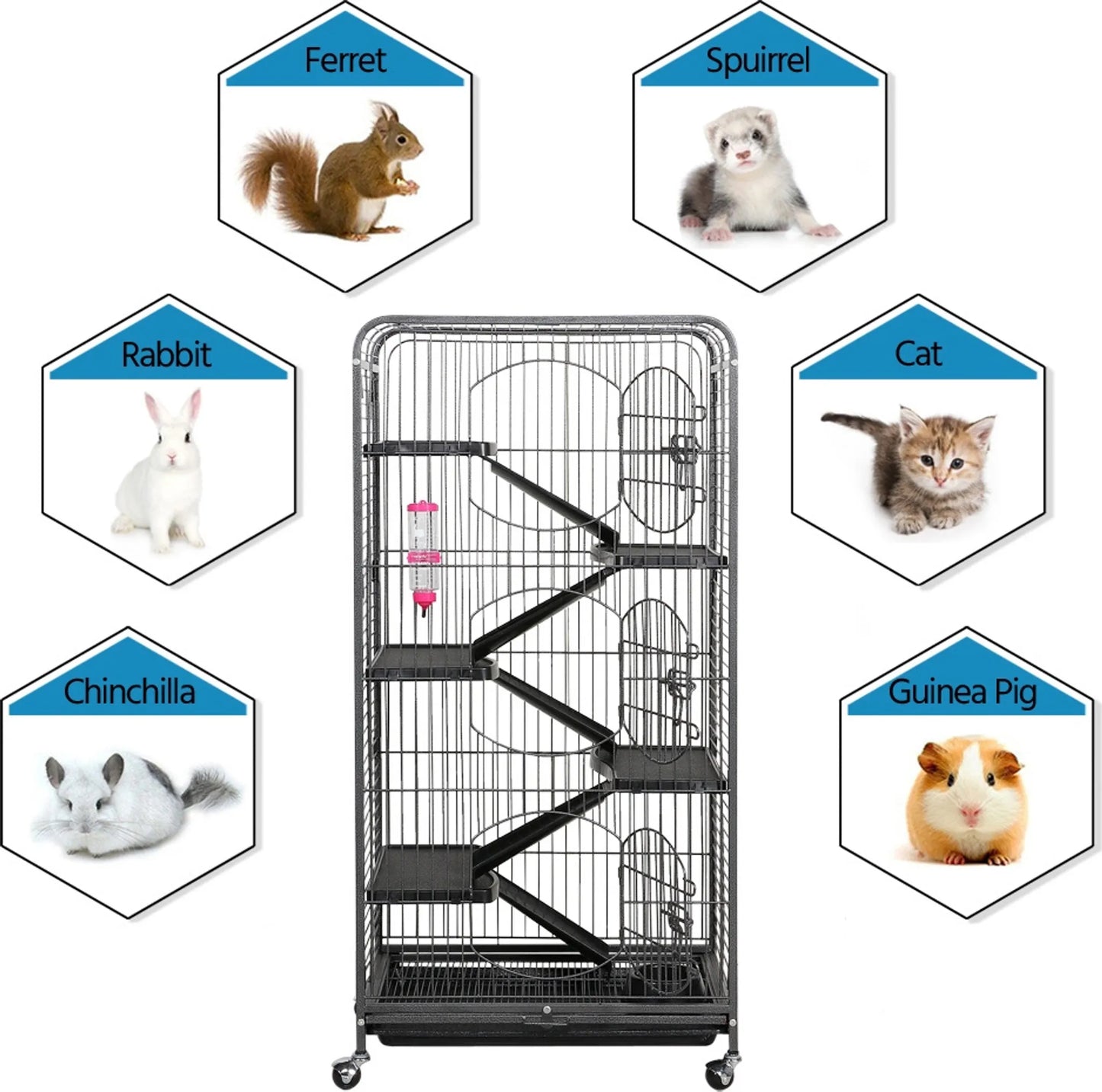 Yaheetech Cage pour rongeurs avec 3 étages - 64 x 43,7 x 131,2 cm - avec 5 rampes et base mobile et tiroir amovible - pour furet et chinchilla - métal noir