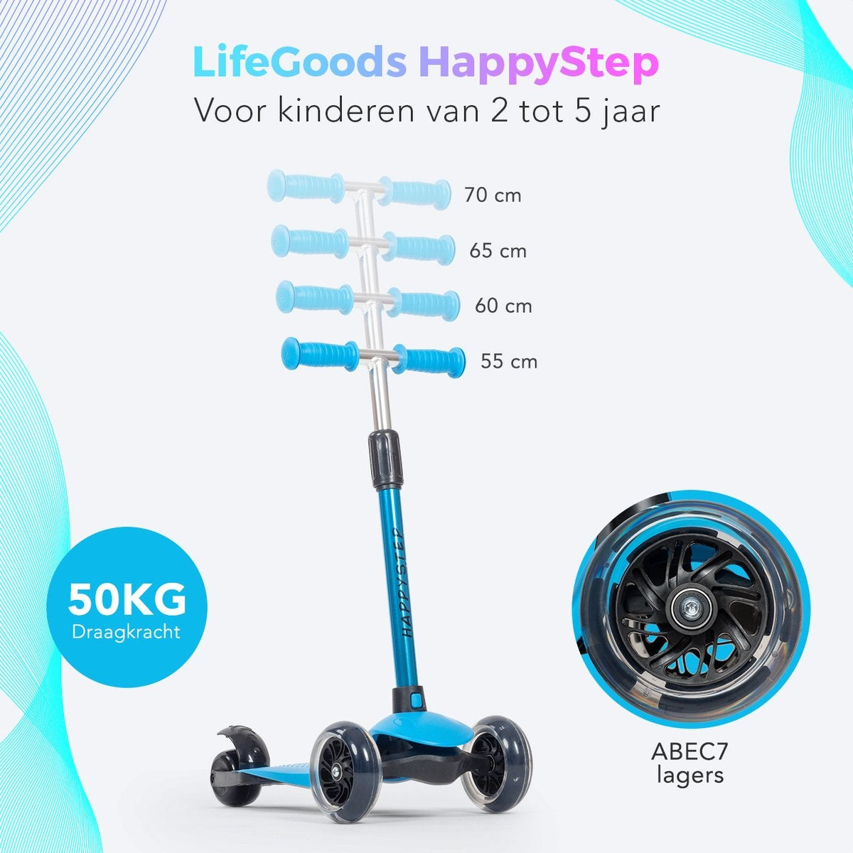 Trottinette pour enfants - LifeGoods HappyStep - 2-5 ans - 3 roues lumineuses - Garçons/Filles - Bleu