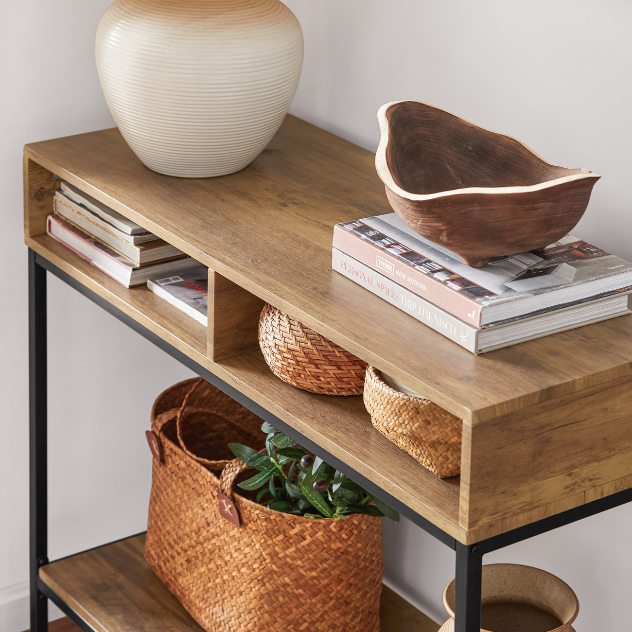 SoBuy Table d'appoint - 2 compartiments de rangement - Structure en acier - 100 x 40 x 80 cm - Bois/métal