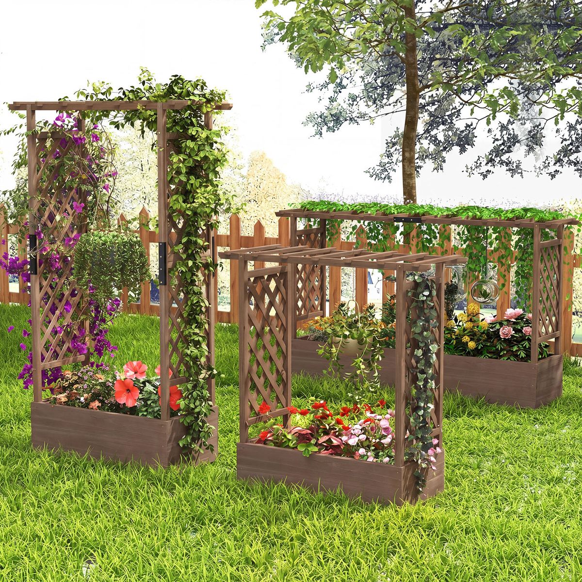 Jardinière Coast avec treillis - toit suspendu - bois de pin massif - marron - 200 x 44 x 114 cm