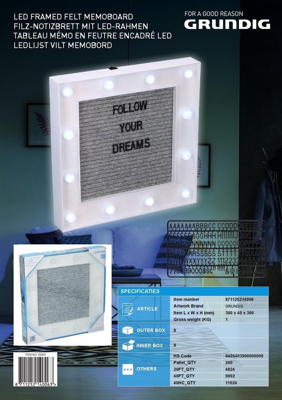 Grundig tableau mémo - 150 lettres - Feutre - LED - 30x30cm