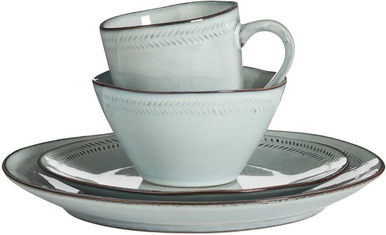 Service de table Mica Decorations Racco, 16 pièces - 4 couverts - Assiettes à petit-déjeuner, bols, tasses et assiettes à dîner - Service en grès - Service de table lavable au lave-vaisselle - Gris clair