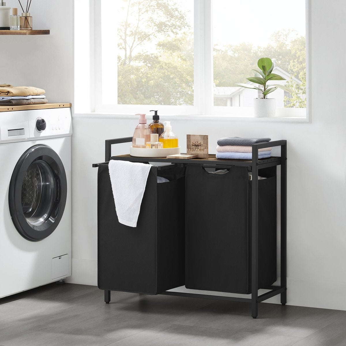 O'DADDY® Panier à linge 2 compartiments - trieur de linge extensible avec étagère - 73 x 33 x 72 cm - métal - noir avec marron