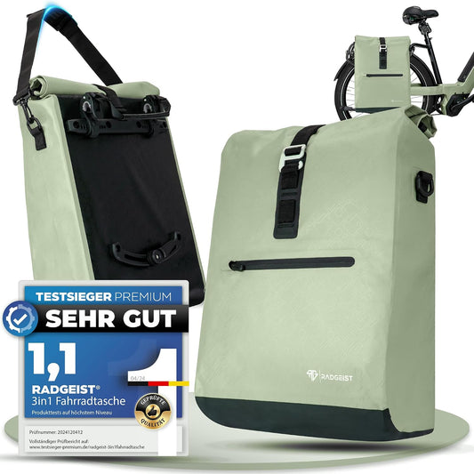 Sac de vélo RADGEIST 2-en-1, 20 litres - Imperméable - Sac à porter sur le porte-bagages et sac à bandoulière - Menthe