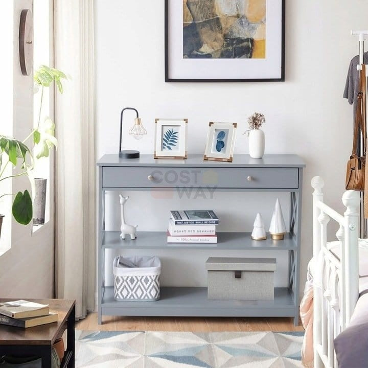 Coast Console Table 3 niveaux avec tiroir Table de salle en bois 100 x 30 x 80 cm Gris