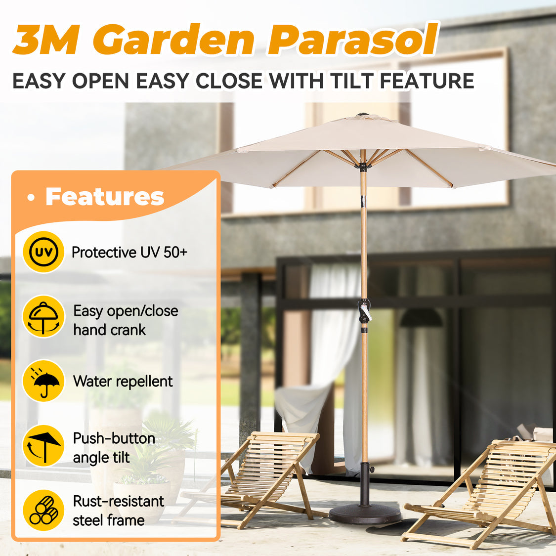 Parasol Angel Living Ø 300 cm - Parasol de jardin rond inclinable avec manivelle - Aluminium et polyester - UV50+ - Hydrofuge - Jaune crème