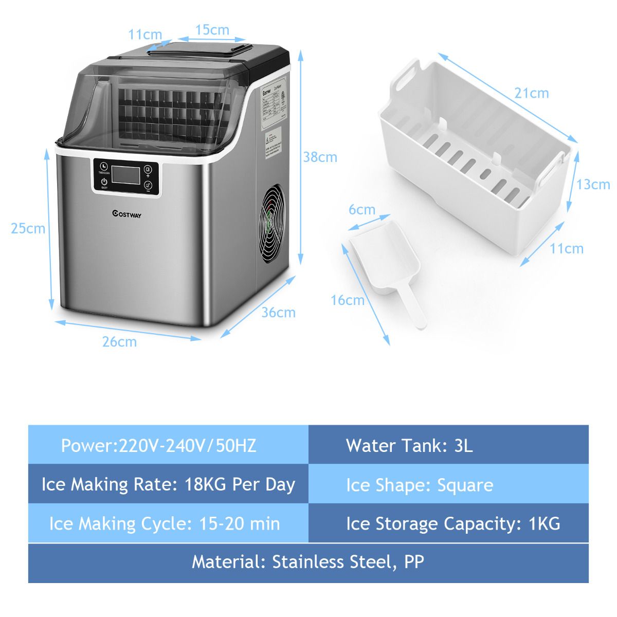Coast Countertop Ice Maker - 26x36x38 cm - Silver - Machine à glaçons électrique avec auto-nettoyage, 18KG/24h, 24 glaçons carrés par 15 min