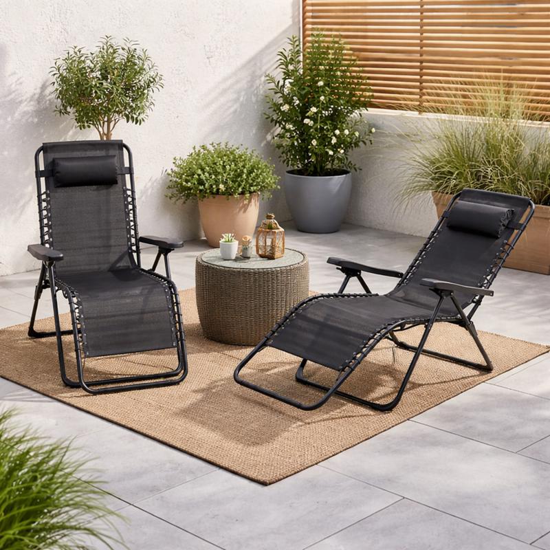 Ensemble de 2 chaises de jardin de luxe - Pliables avec coussins - Acier - Noir