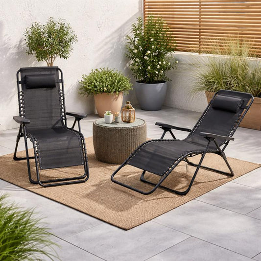 Ensemble de 2 chaises de jardin de luxe - Pliables avec coussins - Acier - Noir