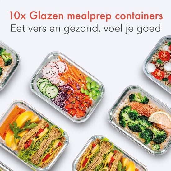 KitchenBrothers Meal Prep Trays - Set de plateaux fraîcheur - hermétique - sans BPA - 1L - verre - 10 pièces