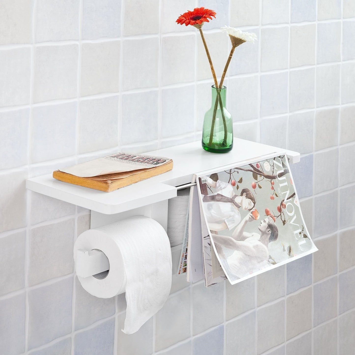 SoBuy Porte-rouleau de papier hygiénique avec étagère - Blanc - 50x18x17