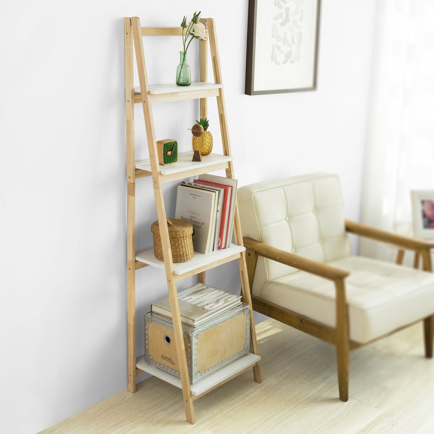 Étagère décorative - SoBuy - 4 planches incluses - Pliable - 34 x 42 x 140 cm - Bois d'hévéa