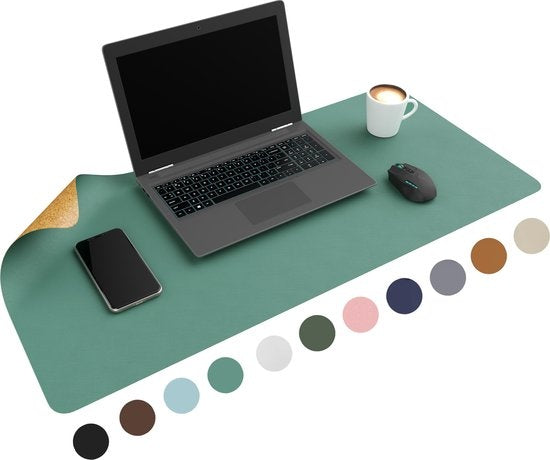 WURK Sous-main double face cuir synthétique et liège - Organiseur de bureau - Tapis de souris - liège turquoise - 90x45