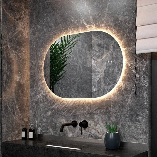 Mirlux Miroir de salle de bain avec éclairage LED et chauffage - Miroir mural ovale - Miroir de douche anti-condensation - 90x60CM