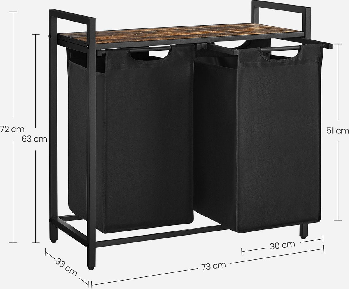 O'DADDY® Panier à linge 2 compartiments - trieur de linge extensible avec étagère - 73 x 33 x 72 cm - métal - noir avec marron