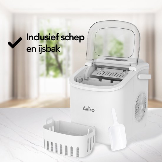 Machine à glaçons Aviro - 1,3 L - Avec cuillère à glace - Fonction d'auto-nettoyage - 12 kg / 24 h - 9 glaçons / 6 min - Blanc