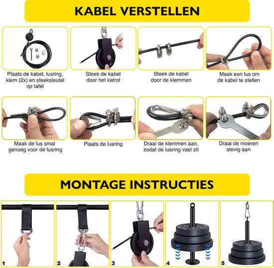 Zoluko Home Fitness Cable System 23-Piece Set - Incl. E-book - Station de musculation pour le sport à domicile - Incl. Triceps Rope, Biceps Rod and Handles - 100kg Carrying Capacity - Easy Attachment - Strength Training - Lat Pulley - Home Gym - Black/Sil