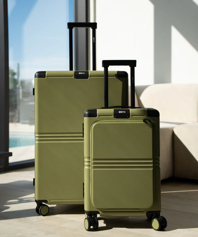 Ensemble de valises Onyx Hybrid Pro en deux pièces Onyx Journey – Équipé de roulettes Hinomoto Silent Run, d’une coque en polycarbonate Makrolon allemand et d’un système de compression intégré – Pour les voyages et les vacances – Polycarbonate vert olive