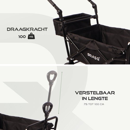 BRASQ Bolderkar WC200 de luxe pliable - Capacité 108L - Avec barre de poussée - Léger - Capacité de charge jusqu'à 100 kg - 2 sacs de rangement inclus - Noir