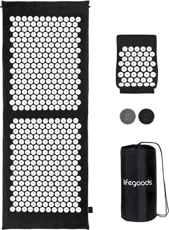 LifeGoods Tapis d'acupression XL - avec coussin - Tapis Shakti - Tapis pour ongles avec 2 balles pour points de déclenchement - 128x48x2cm - Noir/Blanc