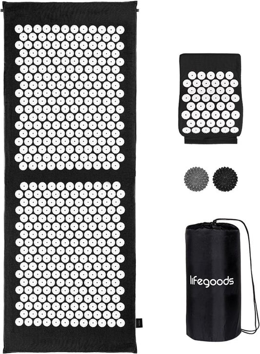 LifeGoods Tapis d'acupression XL - avec coussin - Tapis Shakti - Tapis pour ongles avec 2 balles pour points de déclenchement - 128x48x2cm - Noir/Blanc