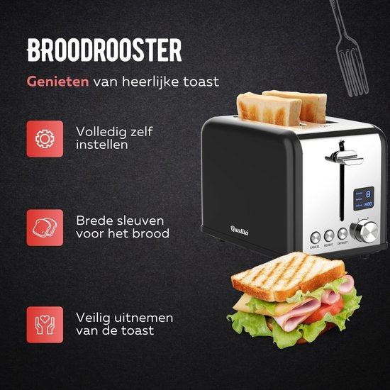 Qualitá® Grille-pain avec clips pour sandwichs grillés - Grille-pain rétro - Grille-sandwichs - Appareil à croque-monsieur - acier inoxydable/noir