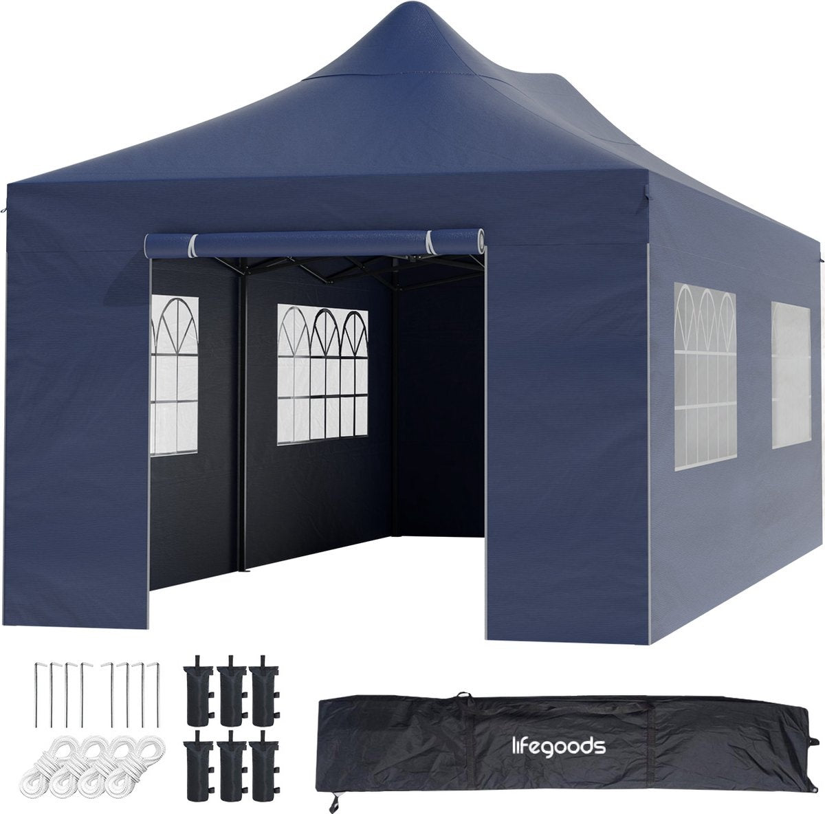 Chapiteau de jardin LifeGoods - 3x6 m - Pliable - Etanche - Parois - Sac de transport à roulettes - Bleu foncé