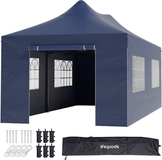 Chapiteau de jardin LifeGoods - 3x6 m - Pliable - Etanche - Parois - Sac de transport à roulettes - Bleu foncé
