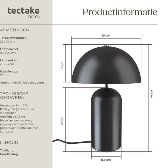 tectake Lampe à poser - Design champignon - 40 W - 25 x 25 x 37 cm - Noir