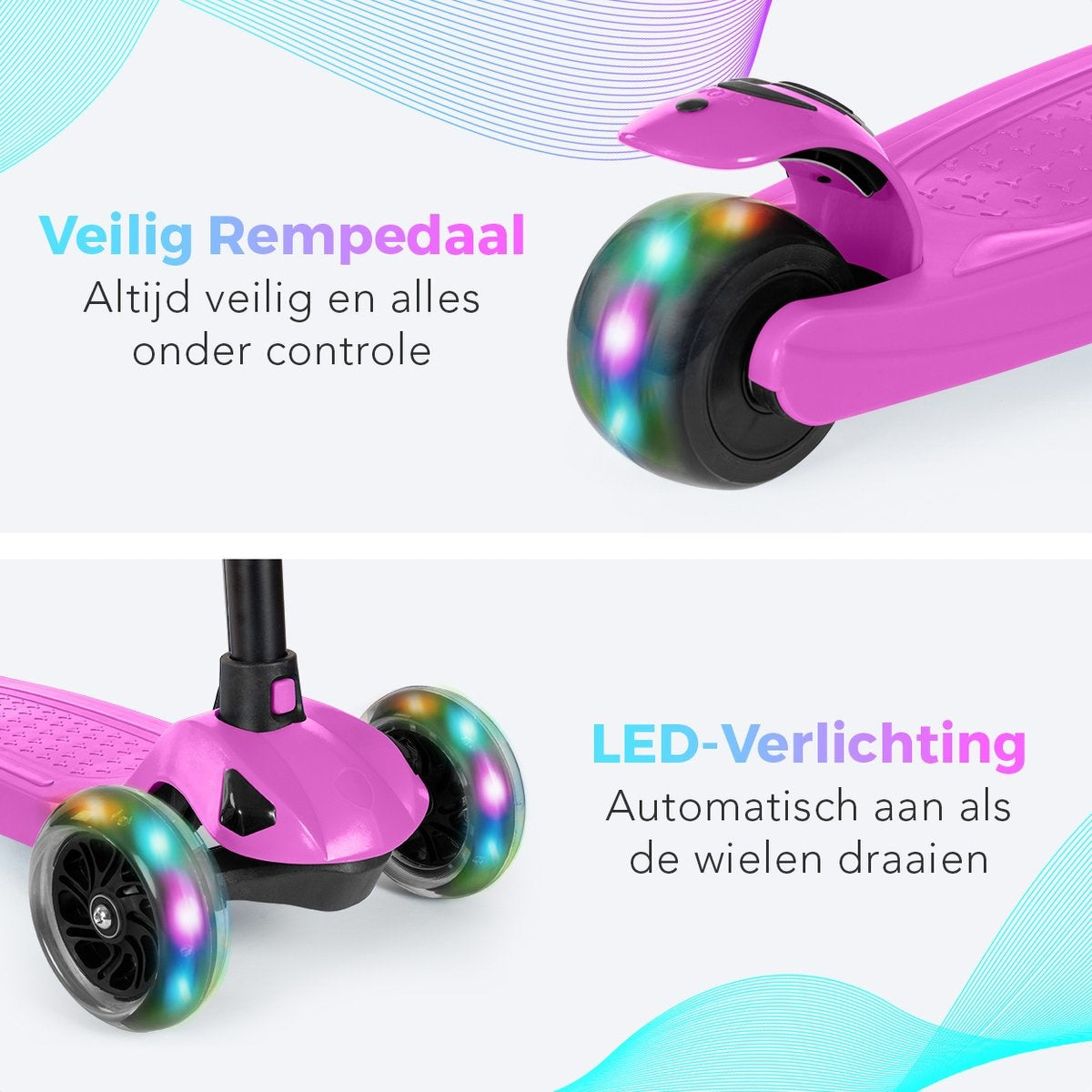 LifeGoods Scooter enfant TurboRide - Étape 5-8 ans - 3 roues lumineuses - Garçons/Filles - Rose