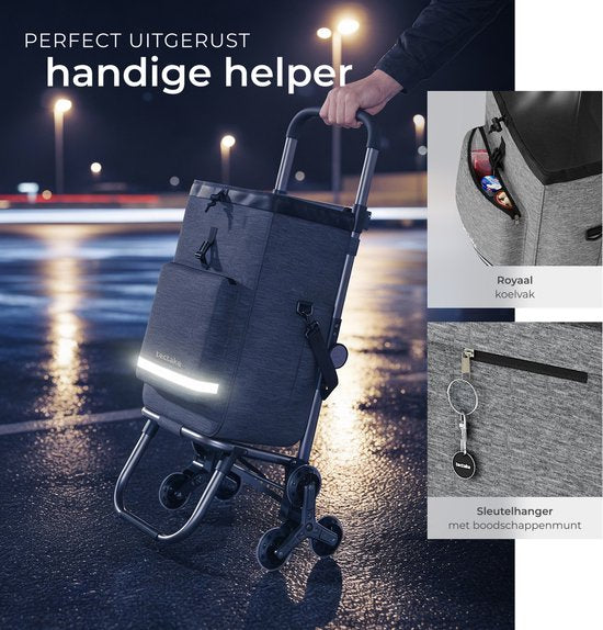 Chariot de courses tectake® 3-en-1 avec compartiment réfrigérant - Roues 4-Traploop - Pliable - Capacité de 56 L - Chariot de courses - Chariot de supermarché - S'utilise également comme diable et sac à provisions - Avec porte-clés et jeton de caddie