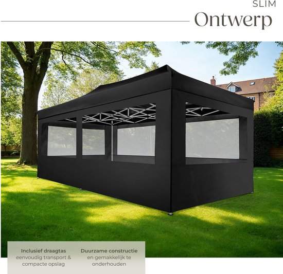 Pavillon pliable tectake® - Pliable et imperméable - Pavillon de jardin avec 4 panneaux latéraux - S'accompagne de piquets, de cordes de tension et d'un sac de rangement - Auvent de terrasse, tente de fête - 6 x 3 m - Noir