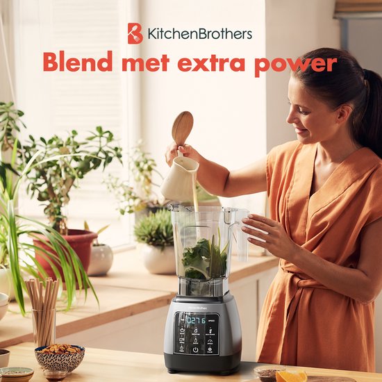 KitchenBrothers 2-in-1 Power Blender - 1600W - 2L - Ensemble complet avec hachoir et gobelet - Smoothie Maker - Ice Crusher - Gris Métallique