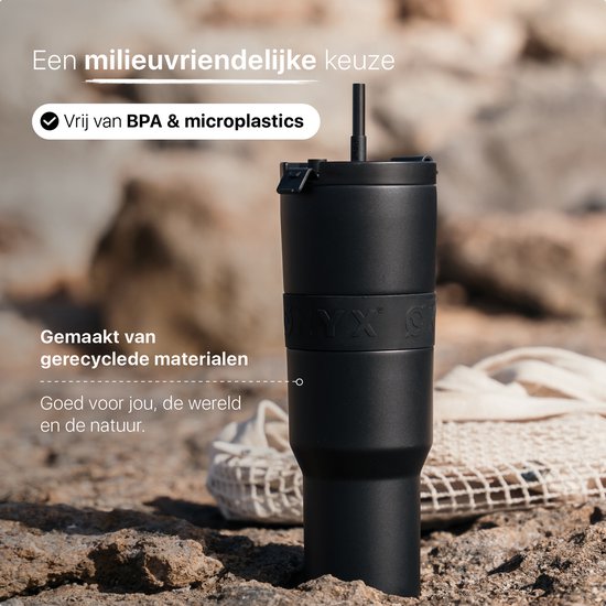 ONYX Bouteille à boire avec paille 1 litre - Bouteille d'eau pour enfants et adultes - Mug Thermos Mug de voyage en acier inoxydable - Buveur motivé - Tasse à boire pour l'école - Noir Onyx