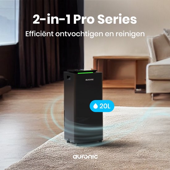 Déshumidificateur et purificateur d'air Auronic - Série Pro - 20L par jour - Fonction Lavage-Séchage - Chambre à coucher, salle de bain et salon - Déshumidificateur pour la maison - Noir