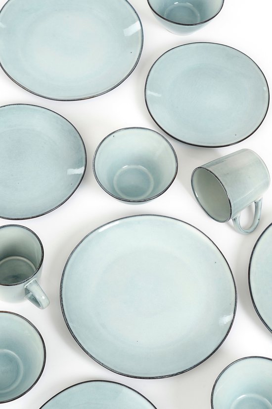 Service de table Mica Decorations Racco, 16 pièces - 4 couverts - Assiettes à petit-déjeuner, bols, tasses et assiettes à dîner - Service en grès - Service de table lavable au lave-vaisselle - Gris clair