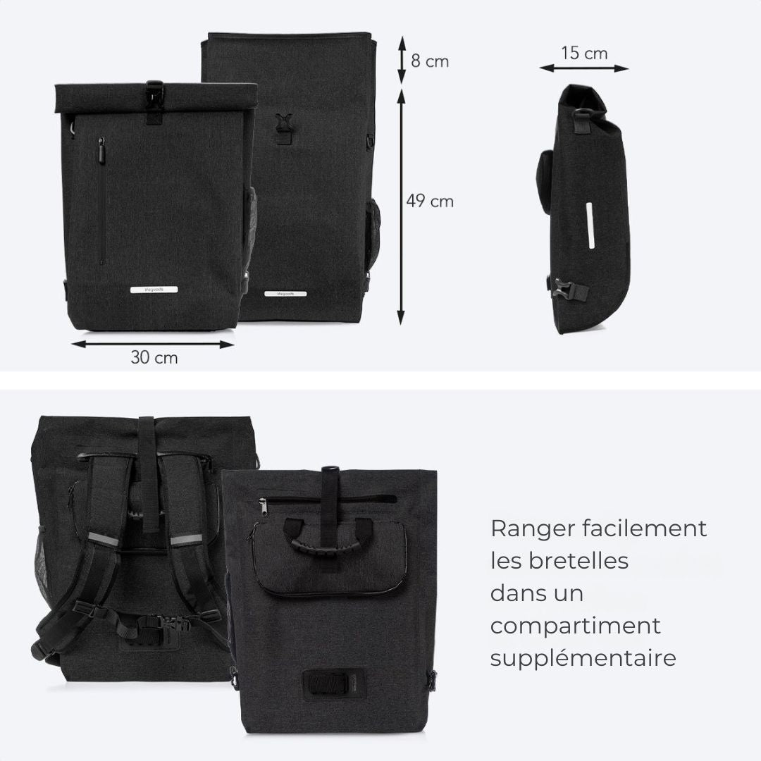 Sac à bandoulière et sac à dos LifeGoods Compact - 25L - Porte-bagages ronds - Imperméable - Noir