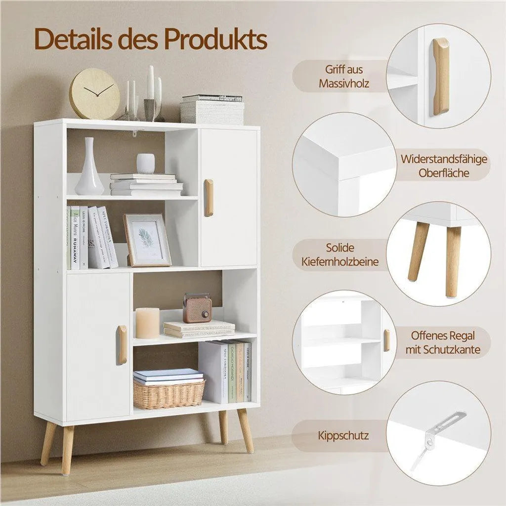 Bibliothèque Yaheetech 80 x 23,5 x 120,5 cm - Blanche - Meuble de rangement avec 2 portes et 4 compartiments ouverts