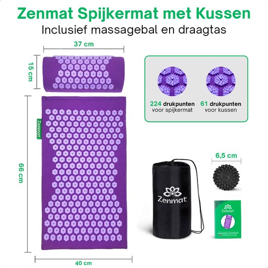 Zenmat Nail Mat with Cushion - Tapis d'acupression avec boule de massage et sac de transport - Shakti Massage - 66x40 cm - Purple
