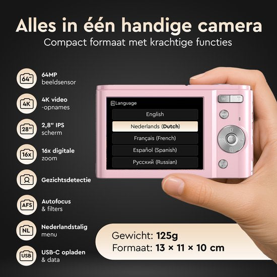 K&L Digital Camera 4K - 64MP - Caméra - Caméra compacte - Caméra Vlog - Pour les enfants - Comprend 64GB - NL Software