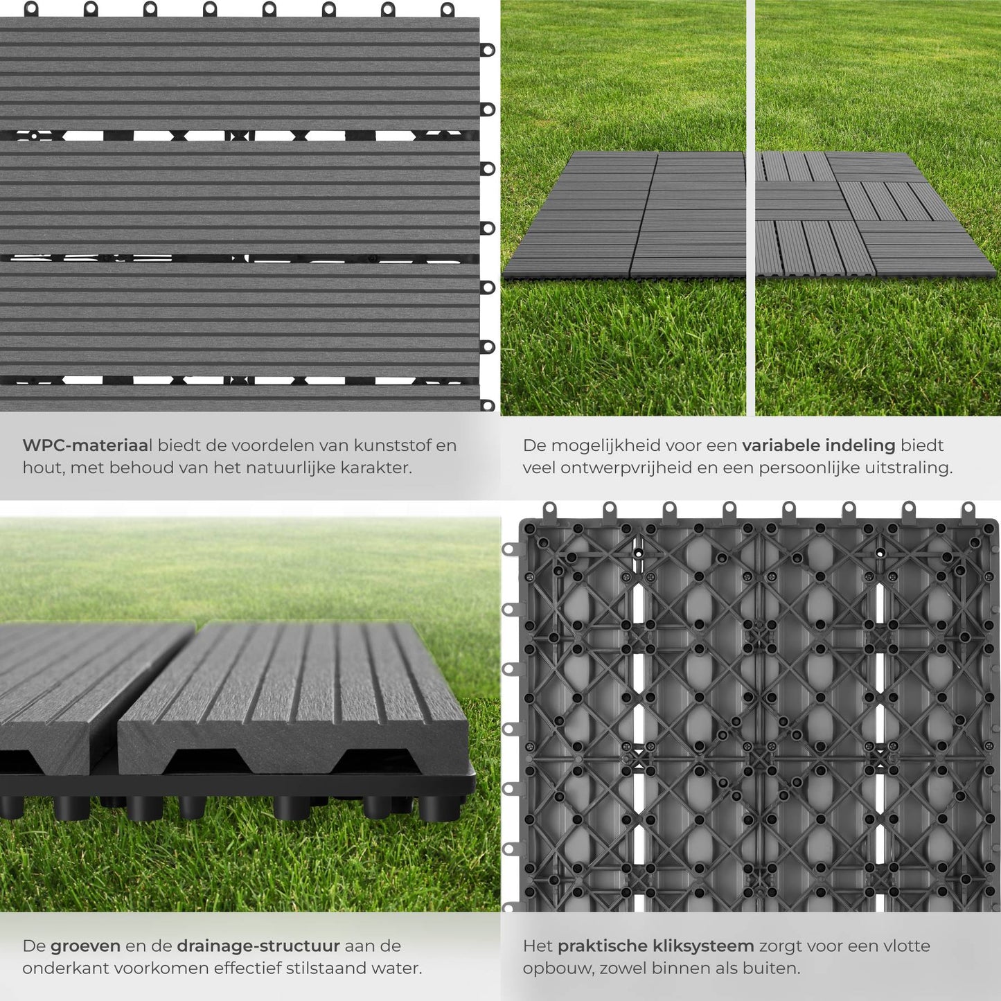 Tectake Tegulas WPC Terra Tiles Grey 31 x 31 x 2.2 cm - Lot de 22 - Système Click - Aspect bois