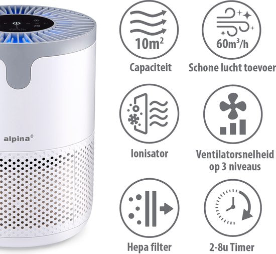 Purificateur d'air Alpina avec filtre HEPA H13 - Purificateur d'air avec ioniseur pour pièces de 5 à 10 m² - Débit d'air de 60 m³/h - Purificateur d'air à 3 vitesses - 230 V/12 W - Blanc