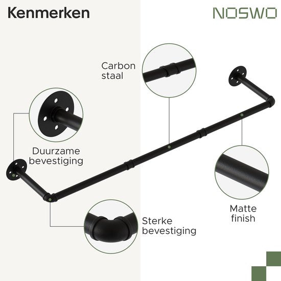 Noswo Wall Clothes Rack - 2 Pieces - High Quality Steel Clothes Rod - Clothes Rack - Hanging Rack - Wardrobe Rod - 112 cm - Black