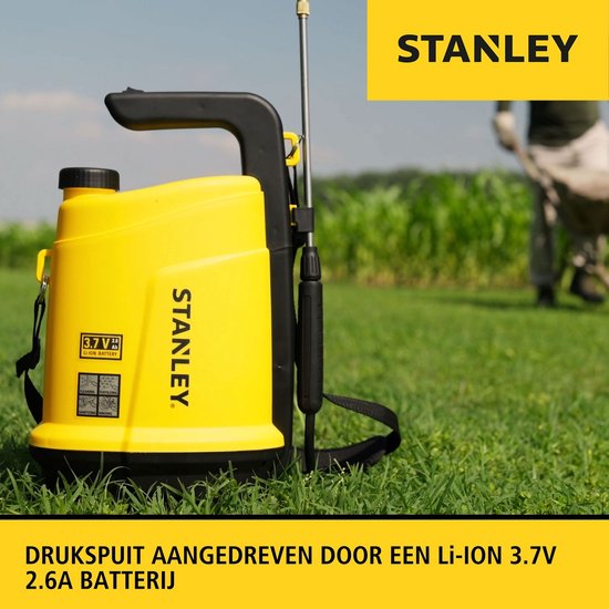 Stanley Pressure Sprayer 5 L, pulvérisateur à pression, pulvérisateur de jardin, électrique, batterie rechargeable lithium, lance télescopique, buse réglable, autonomie 2.5 h, max 2 bar, 0.33 L/minute, jaune/noir