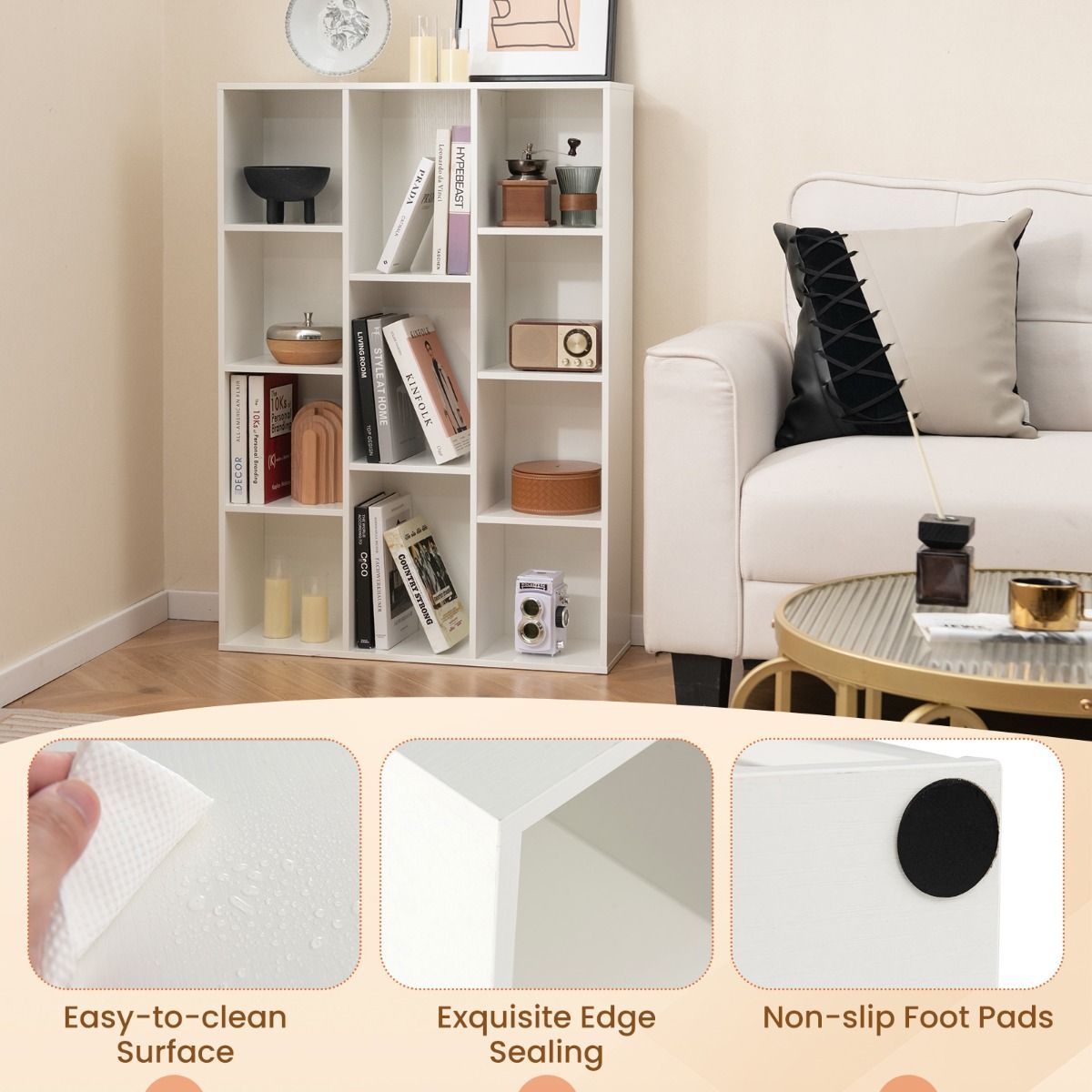 Coast Bookcase 11 Compartments White 74x24x106 cm - Etagère géométrique moderne avec protection contre le basculement