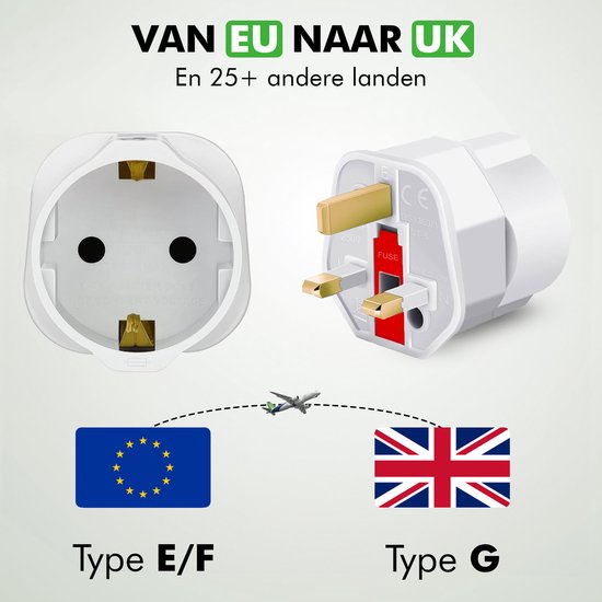 Travelhawk Travel plug England - Prise de voyage UK - Type G - Idéal pour voyager en Angleterre, Ecosse, Malte, Singapour, Hong Kong et Malaisie - 2 pièces - Blanc